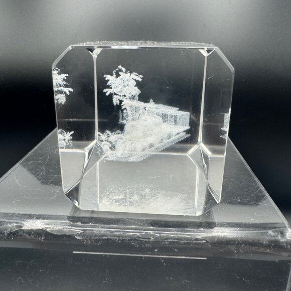 3D Laser Etched Crystal Block With Rural Landscape Train Scene & Tree Design - Picture 4 of 6